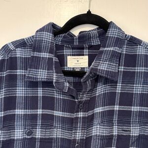 American Eagle Outfitters Navy and White Plaid Button-Down Shirt